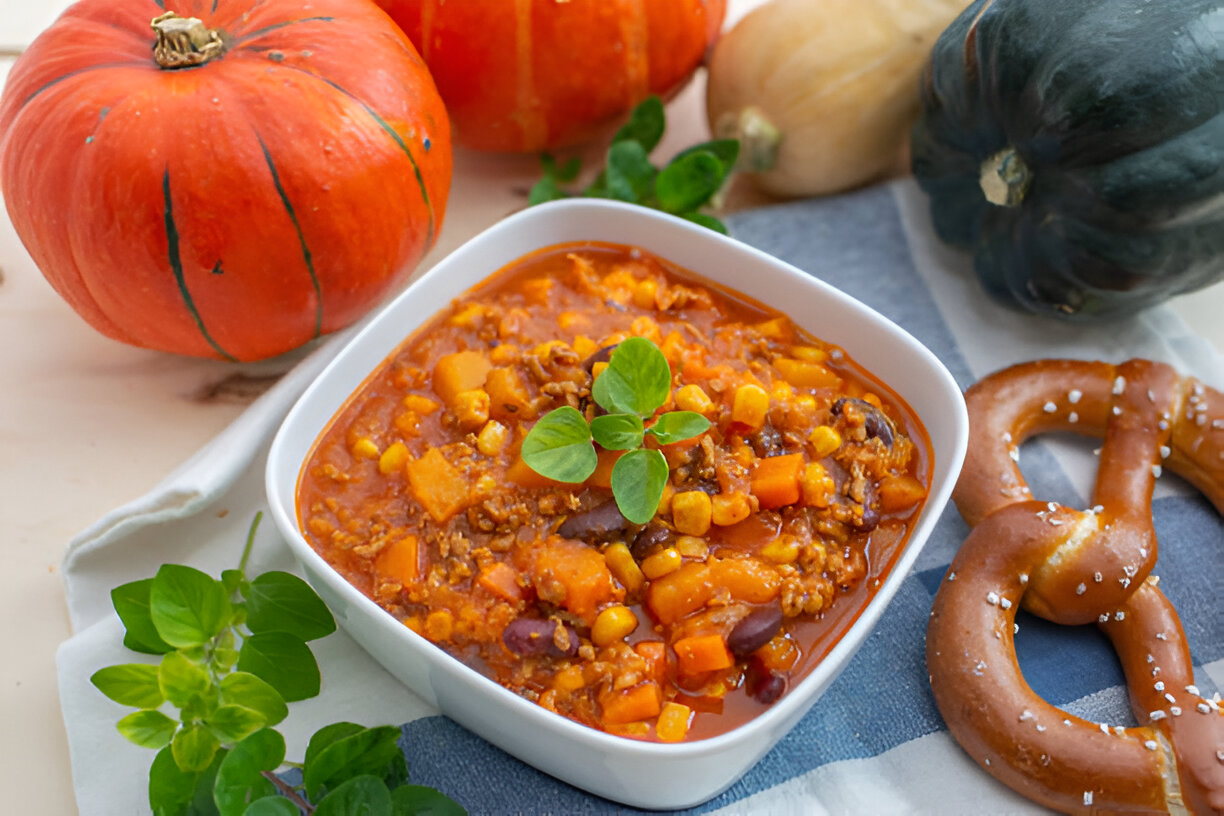 A bowl of hearty pumpkin chili with a garnish of fresh herbs, surrounded by vibrant pumpkins and a pretzel.