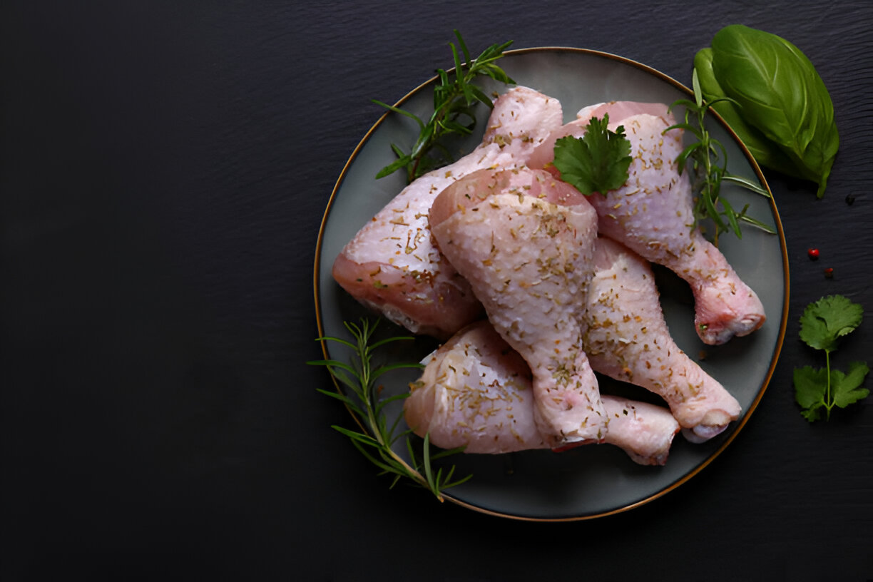 Raw chicken drumsticks seasoned with herbs on a green plate