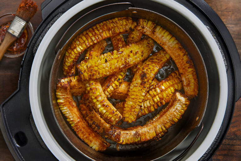 Grilled corn on the cob pieces inside an air fryer basket.