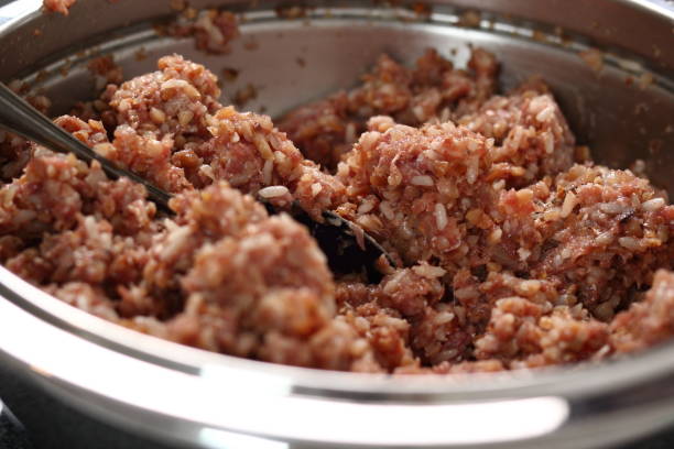 A close-up view of a bowl filled with raw ground meat mixed with grains.