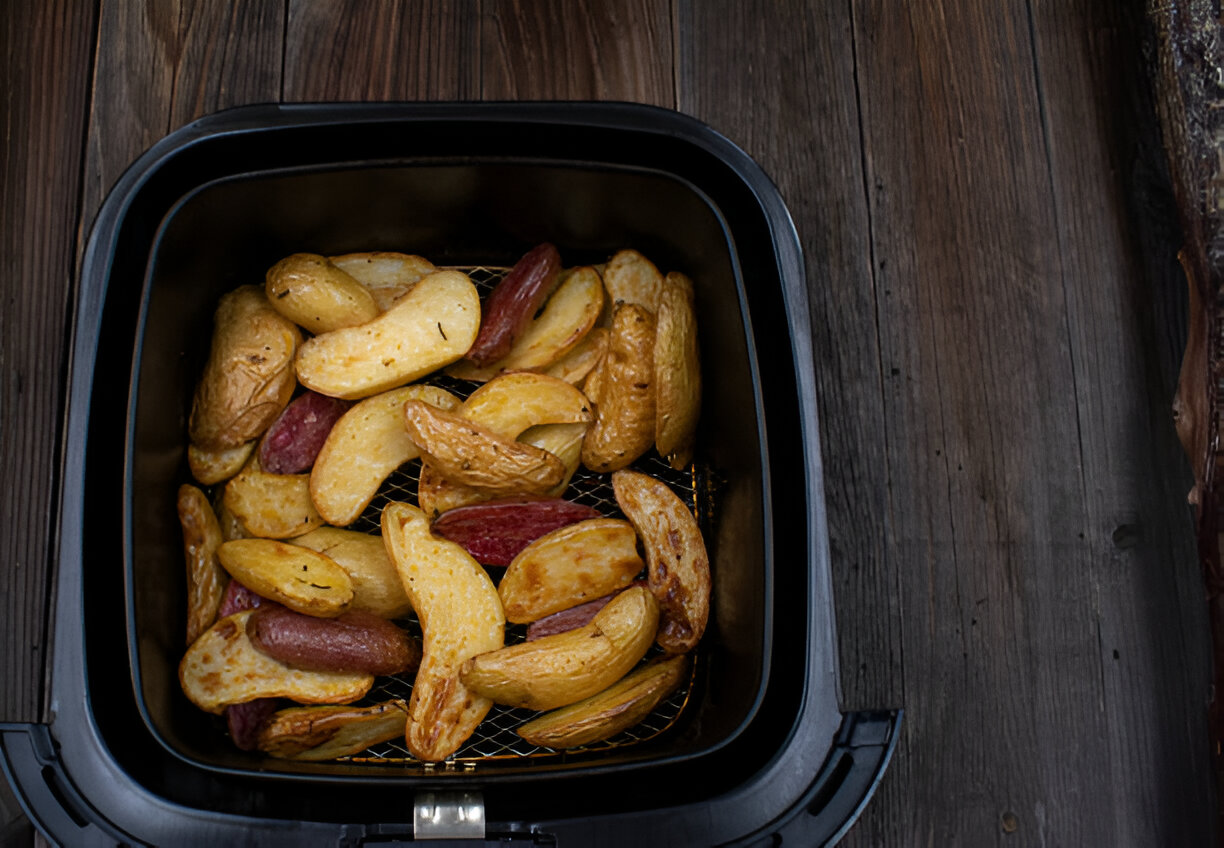 Air fryer filled with golden-brown potato wedges on a wooden surface.