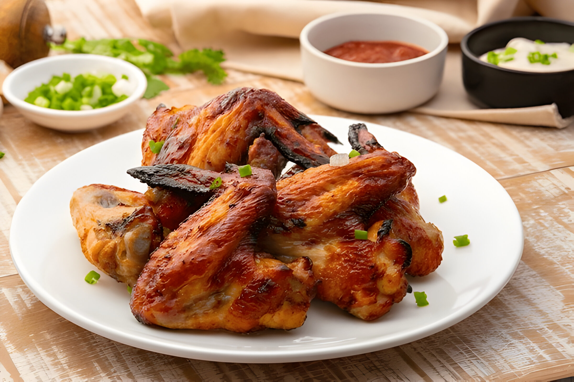 A plate of beautifully grilled chicken wings garnished with chopped green onions, accompanied by small bowls of sauce.