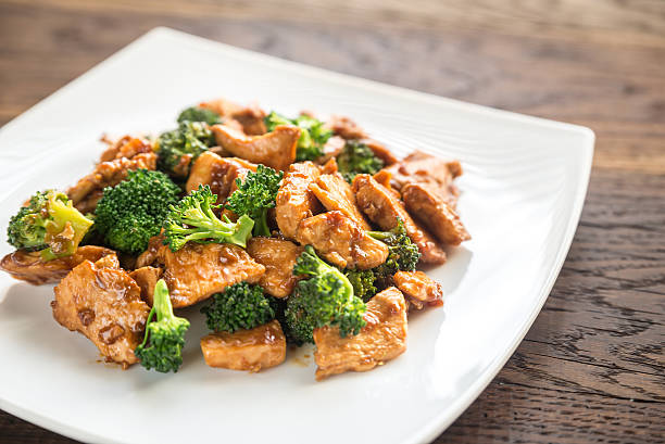 A plate of chicken stir-fry with broccoli.