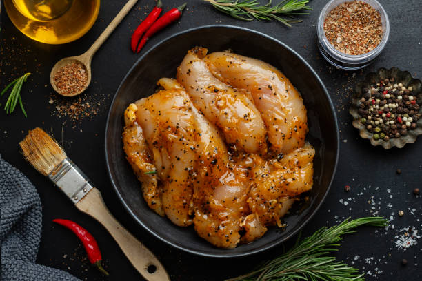 Marinated chicken breasts in a black bowl surrounded by spices and herbs