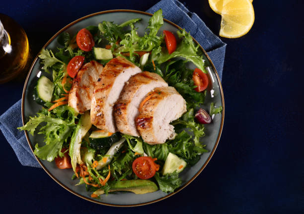 Grilled chicken breast slices on a bed of fresh salad with mixed greens, cherry tomatoes, and cucumbers.