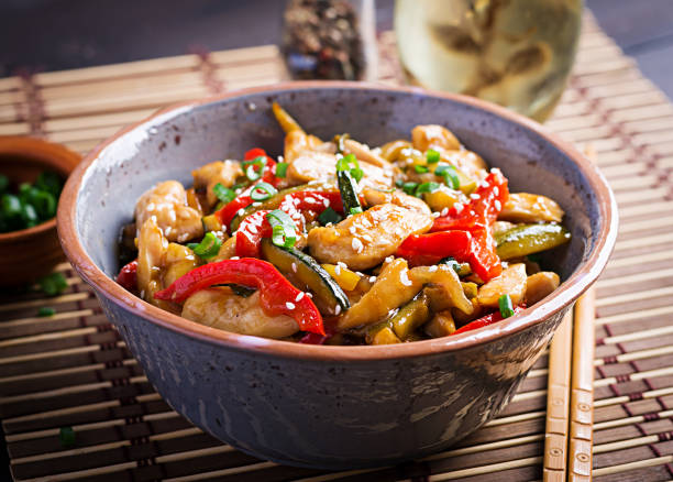 Bowl of chicken stir-fry with colorful vegetables on a bamboo mat