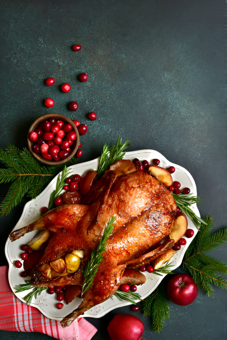 A beautifully roasted duck garnished with cranberries and herbs on a decorative white plate, surrounded by fresh apples and a plaid napkin.