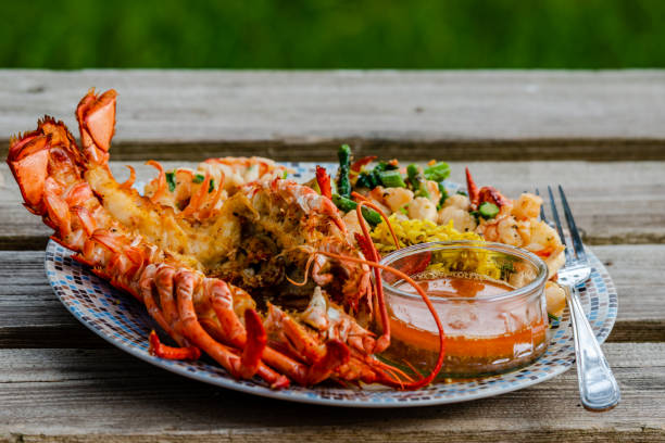 A gourmet seafood dish featuring a grilled lobster, accompanied by a tangy dipping sauce and a colorful side of rice and shrimp.