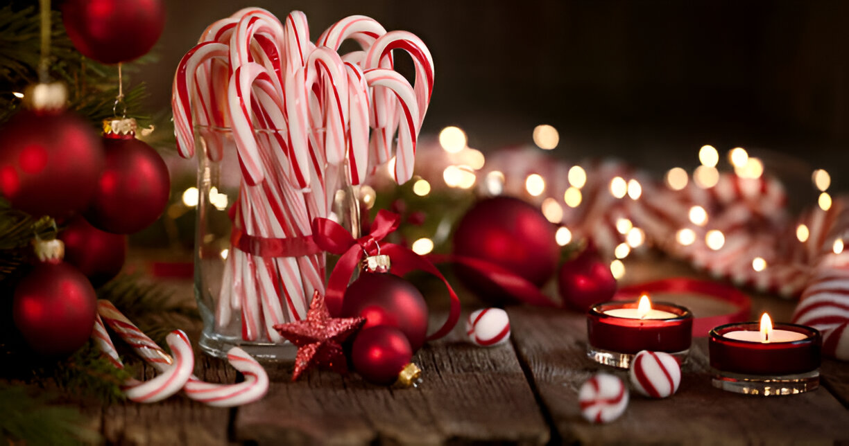 A festive arrangement of Christmas décor featuring candy canes, red ornaments, and candles on a wooden surface.