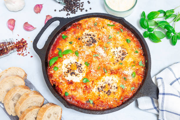 A delicious baked dish topped with cheese and fresh basil in a cast iron skillet, accompanied by slices of bread.