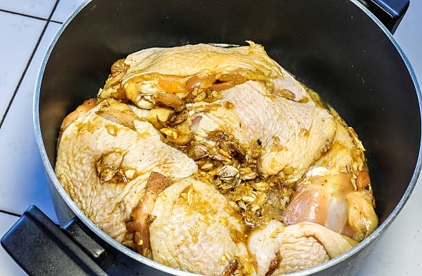 Raw chicken pieces marinated with spices in a pot on a stove.