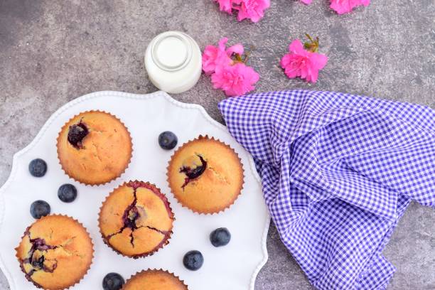 A plate of freshly baked blueberry muffins accompanied by a small bottle of milk and a checkered napkin, with pink flowers in the background.