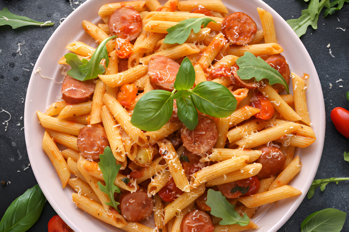 A bowl of pasta with sausage, cherry tomatoes, and fresh basil leaves.