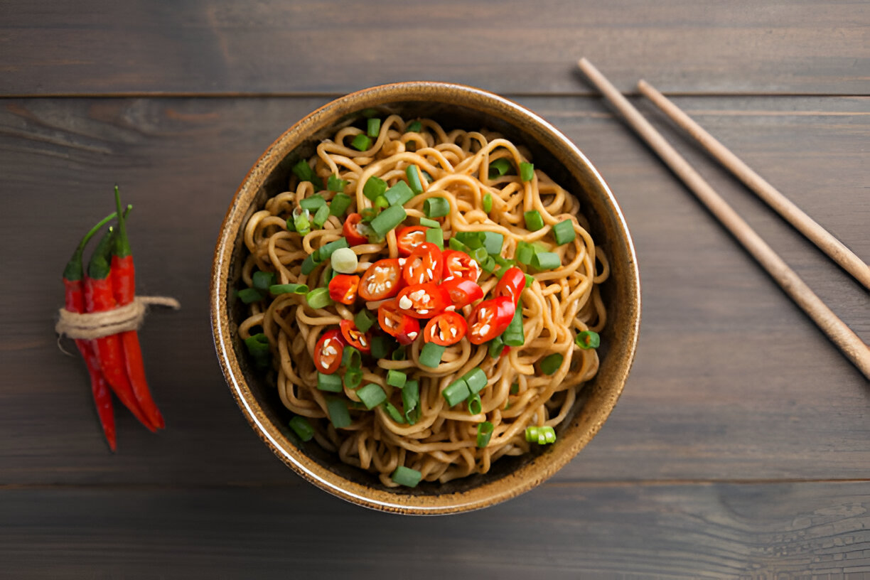 A bowl of noodles topped with sliced red chilies and chopped green onions on a wooden table.