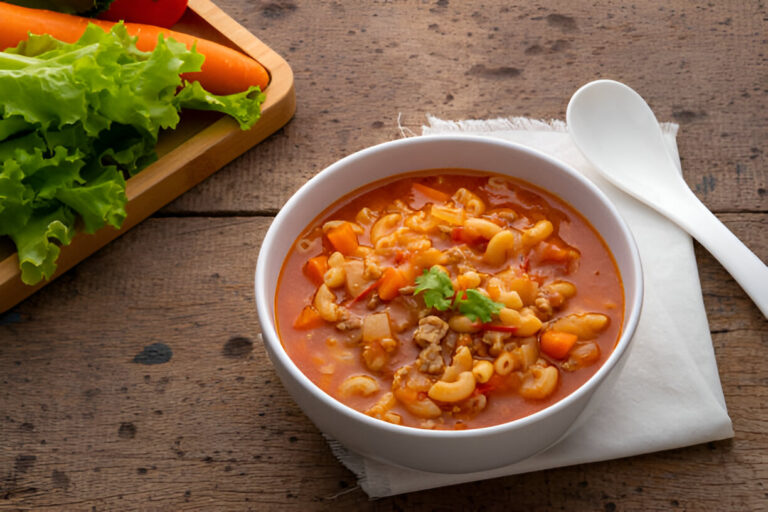 A bowl of colorful macaroni soup with minced meat and vegetables, surrounded by fresh lettuce and carrots on a wooden table.