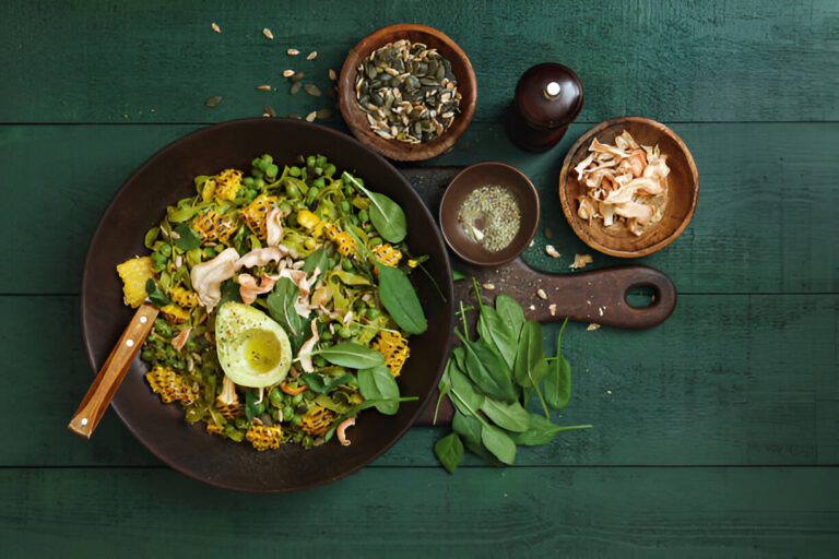 A vibrant bowl of fresh salad with mixed greens, corn, avocado, and various toppings, surrounded by additional greens and seasonings.