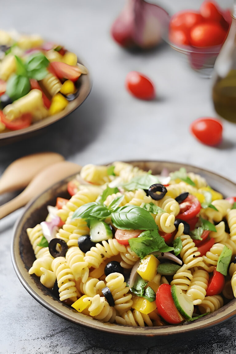 A close-up view of a colorful pasta salad in a brown bowl, garnished with fresh basil leaves.