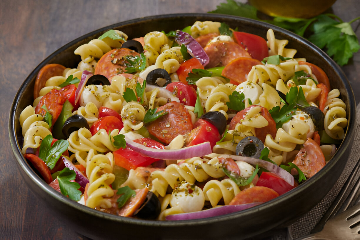 A colorful pasta salad featuring spiral pasta, sliced pepperoni, olives, tomatoes, and fresh herbs in a dark bowl.