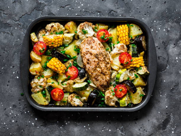 A variegated tray of roasted chicken breast and vegetables, including potatoes, corn, zucchini, and cherry tomatoes, on a textured dark background.