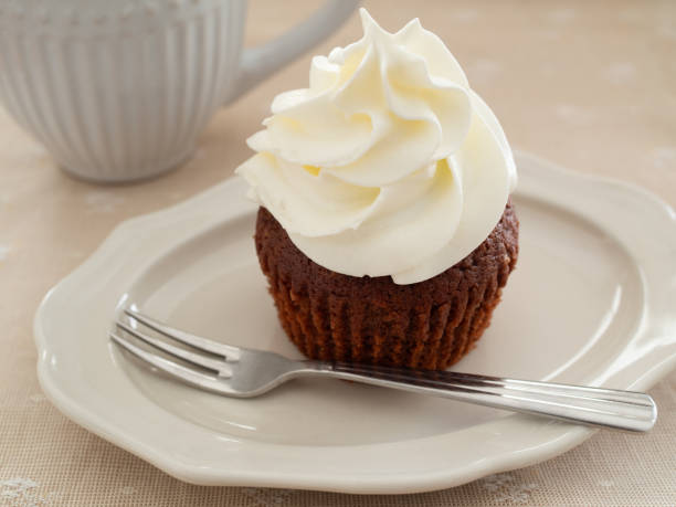 A chocolate cupcake topped with a generous swirl of white frosting on a cream-colored plate with a fork.