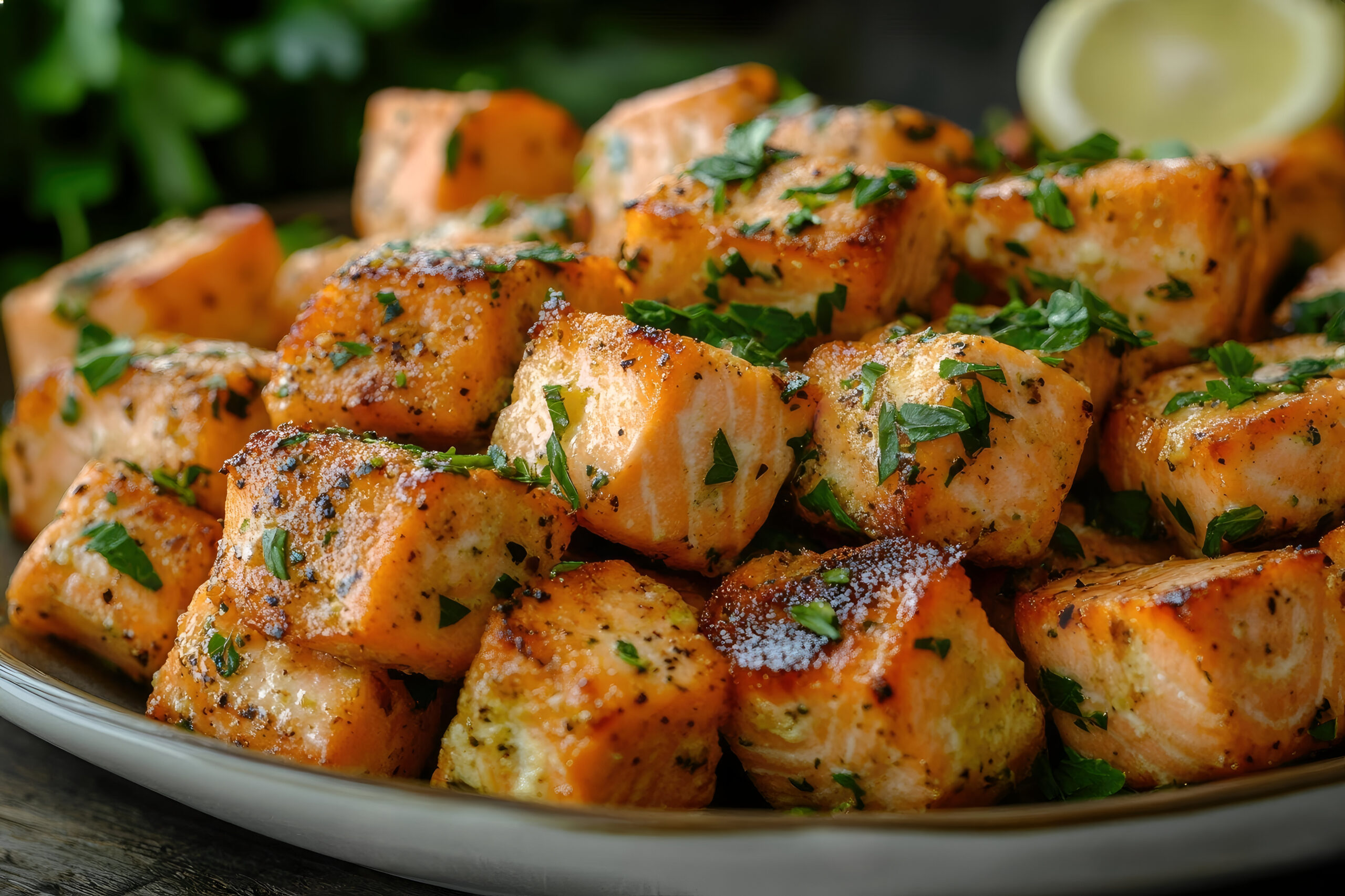 Delicious grilled salmon cubes garnished with fresh parsley