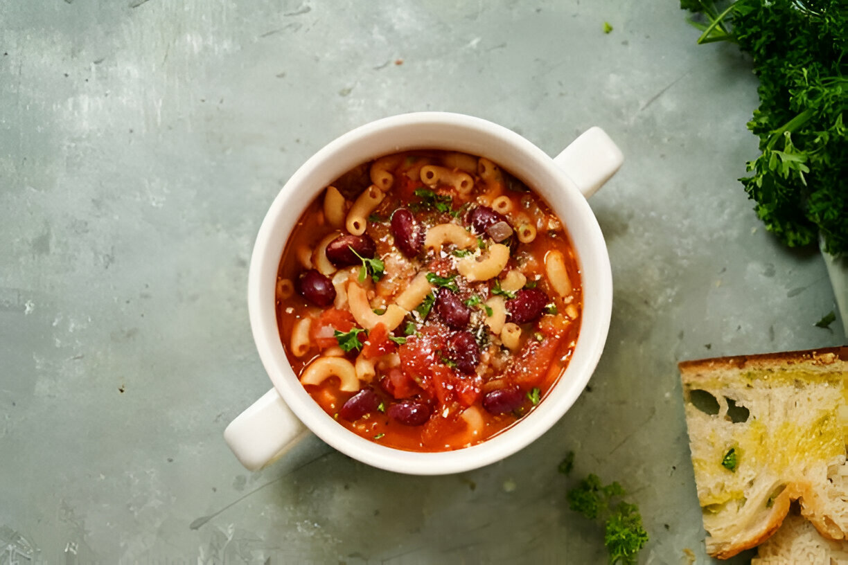 A bowl of pasta and bean soup topped with herbs, with a slice of bread on the side.