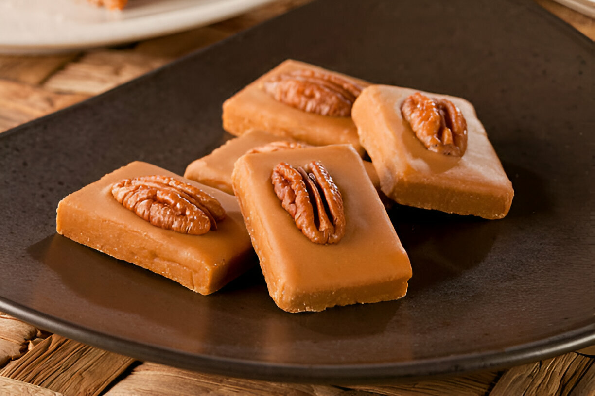 A plate of caramel candy with pecan halves on top