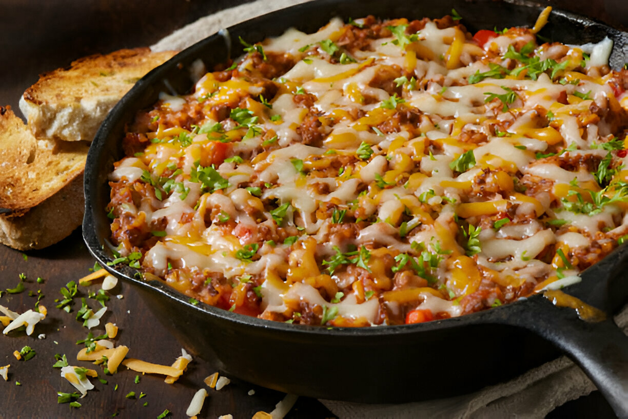 A delicious casserole dish made with ground meat, cheese, and chopped vegetables in a cast iron skillet, served with toasted bread.