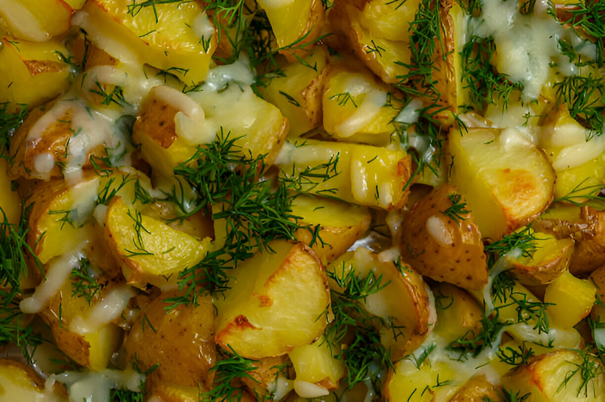 A close-up view of roasted potatoes garnished with fresh dill and a creamy sauce.