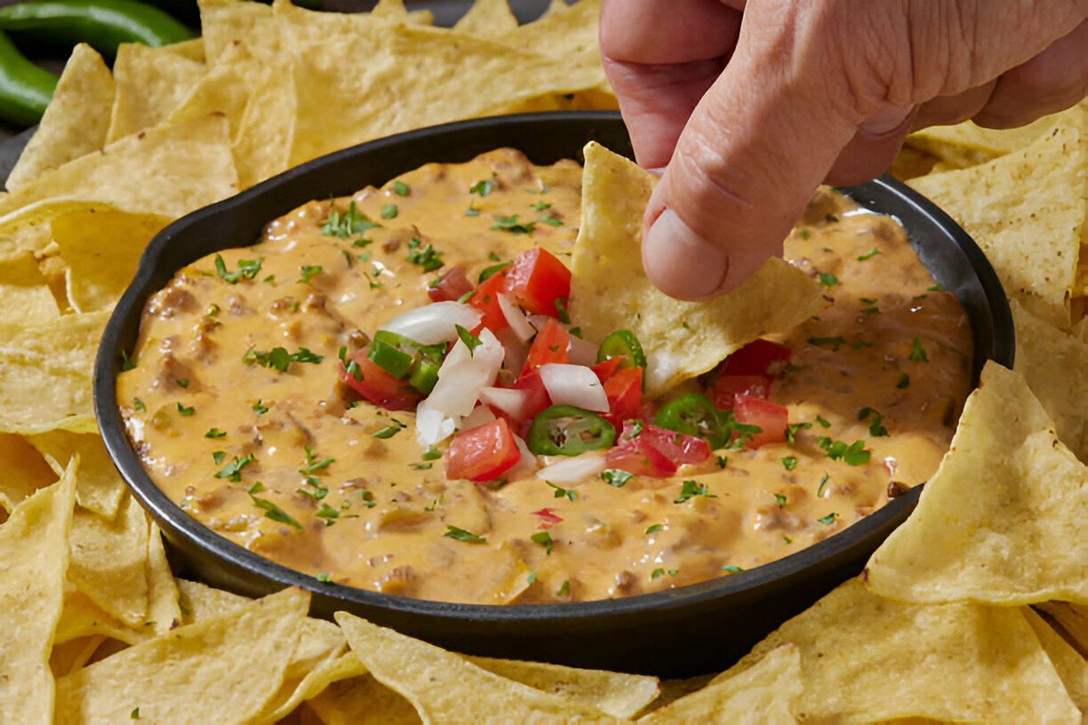 A hand dipping a tortilla chip into a bowl of cheesy dip topped with diced tomatoes, onions, and jalapeños, surrounded by more tortilla chips.