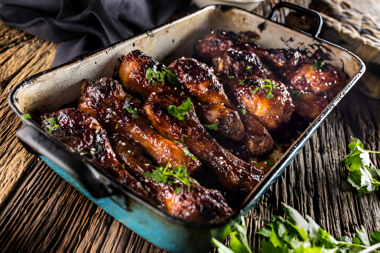 A dish of glistening roasted chicken drumsticks garnished with fresh herbs in a rustic baking dish.