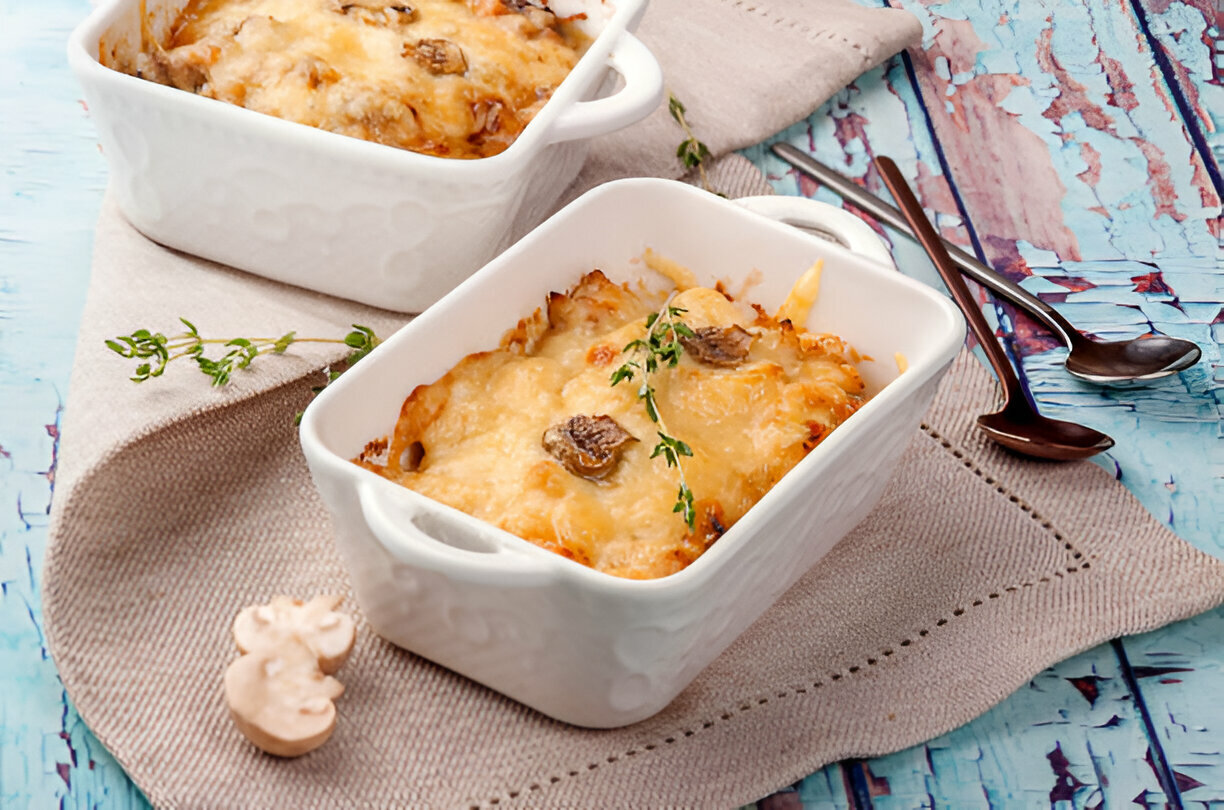 Two white ceramic baking dishes containing baked pasta topped with melted cheese and mushrooms, garnished with a sprig of thyme, placed on a beige cloth on a blue wooden surface.