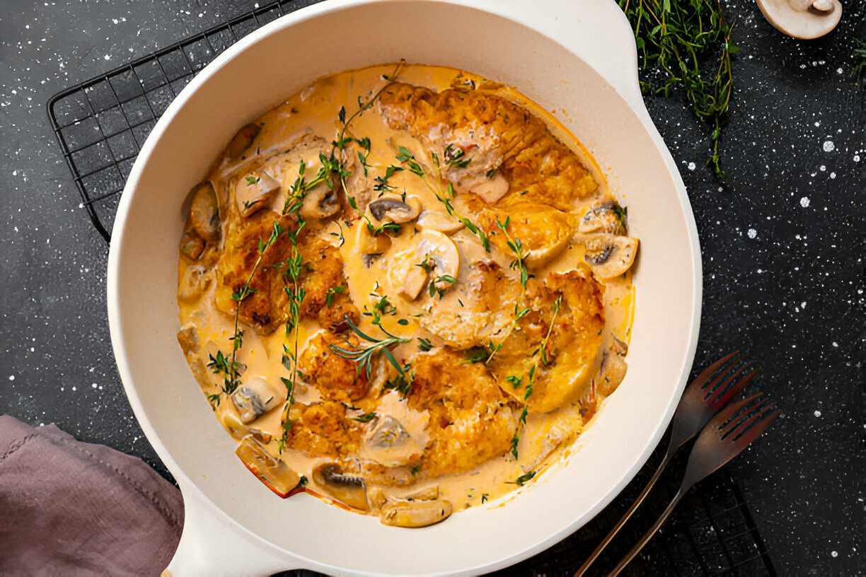 Chicken and Mushroom Skillet in a Creamy Asiago and Mustard Sauce