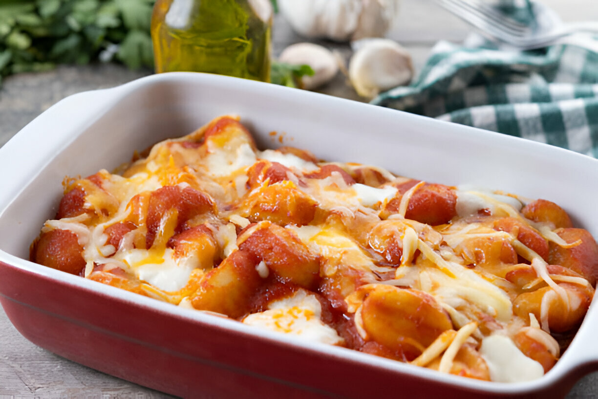 A delicious baked pasta dish topped with melted cheese and marinara sauce in a white and red casserole dish.