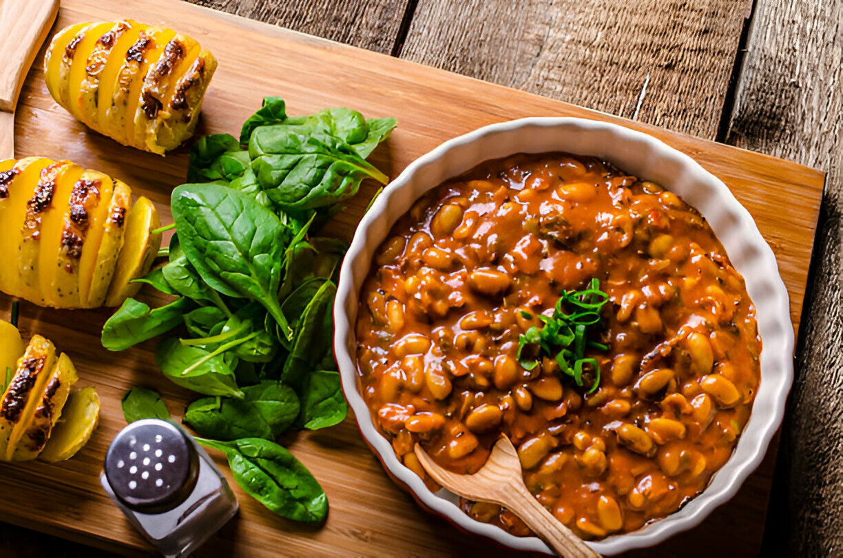 A bowl of baked beans served with sliced yellow potatoes and fresh spinach on a wooden platter.