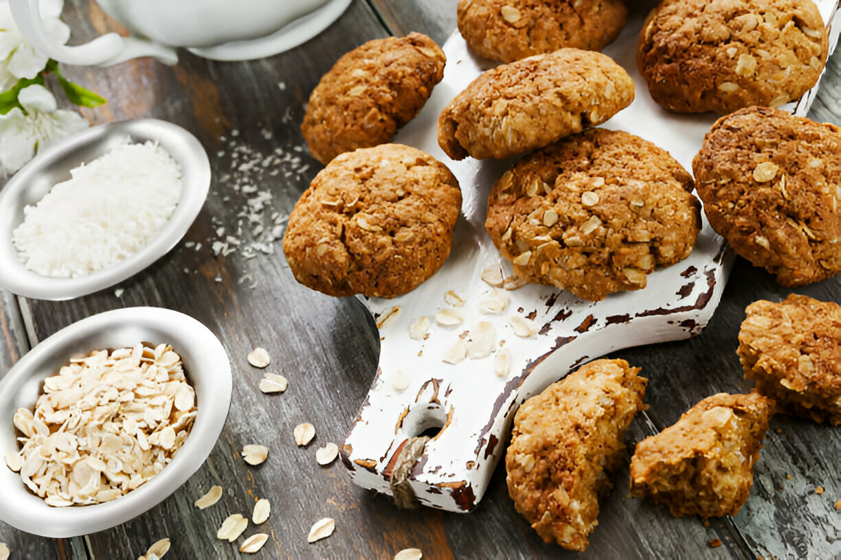 A rustic wooden board with homemade oatmeal cookies scattered around, accompanied by bowls of shredded coconut and oats.