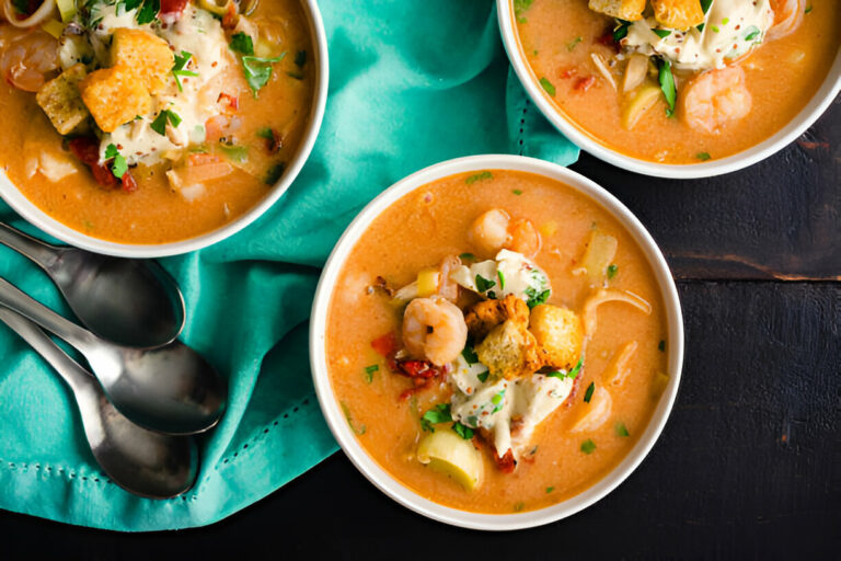 Bowls of shrimp soup garnished with herbs and croutons on a teal cloth