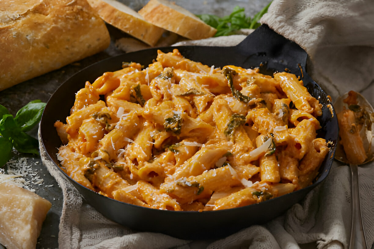 A delicious serving of creamy pasta with a sprinkling of cheese, served in a black skillet with slices of bread in the background.