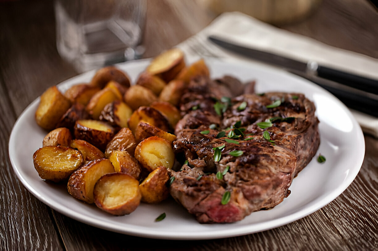 A close-up of a grilled steak served with roasted potatoes and herbs on a plate.