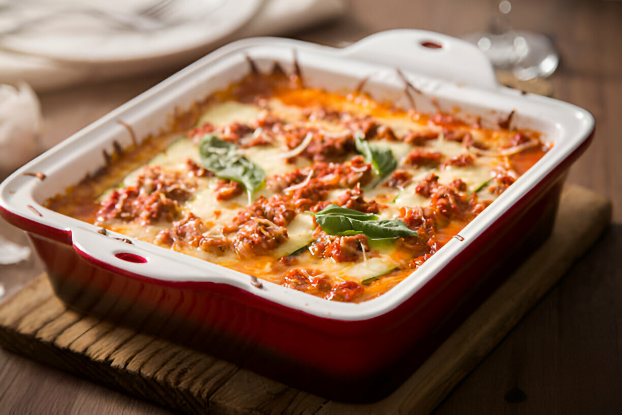 A red baking dish filled with lasagna, topped with melted cheese and fresh basil leaves.