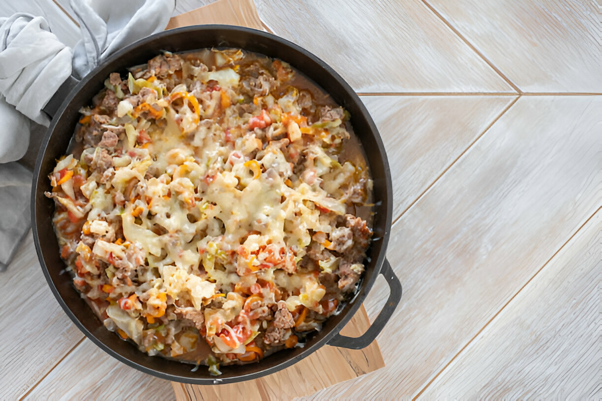 A close-up view of a skillet filled with a cheesy beef and vegetable dish, on a wooden surface.