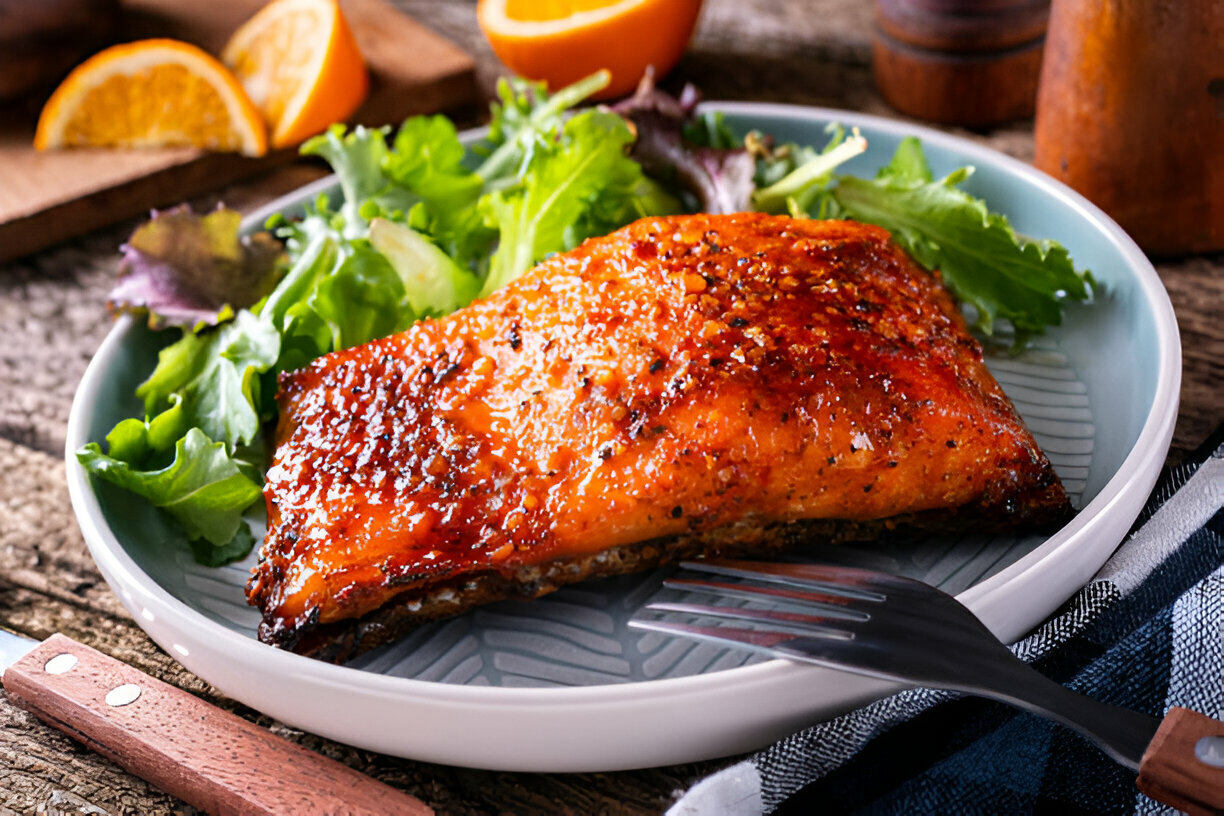 Plated grilled salmon fillet on a bed of fresh greens with a fork beside it