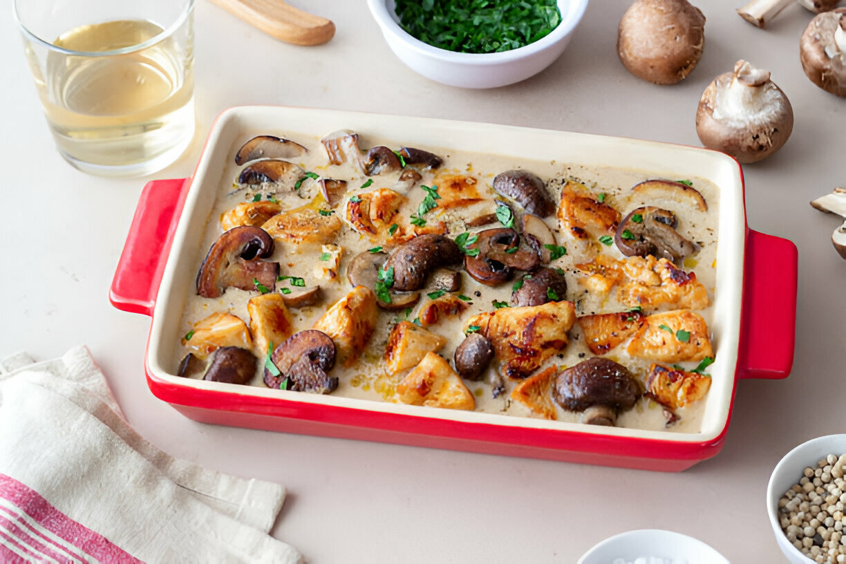 A casserole dish with a creamy mushroom and chicken bake, garnished with chopped herbs, placed on a light surface with a glass of white wine and bowls of fresh herbs and spices nearby.