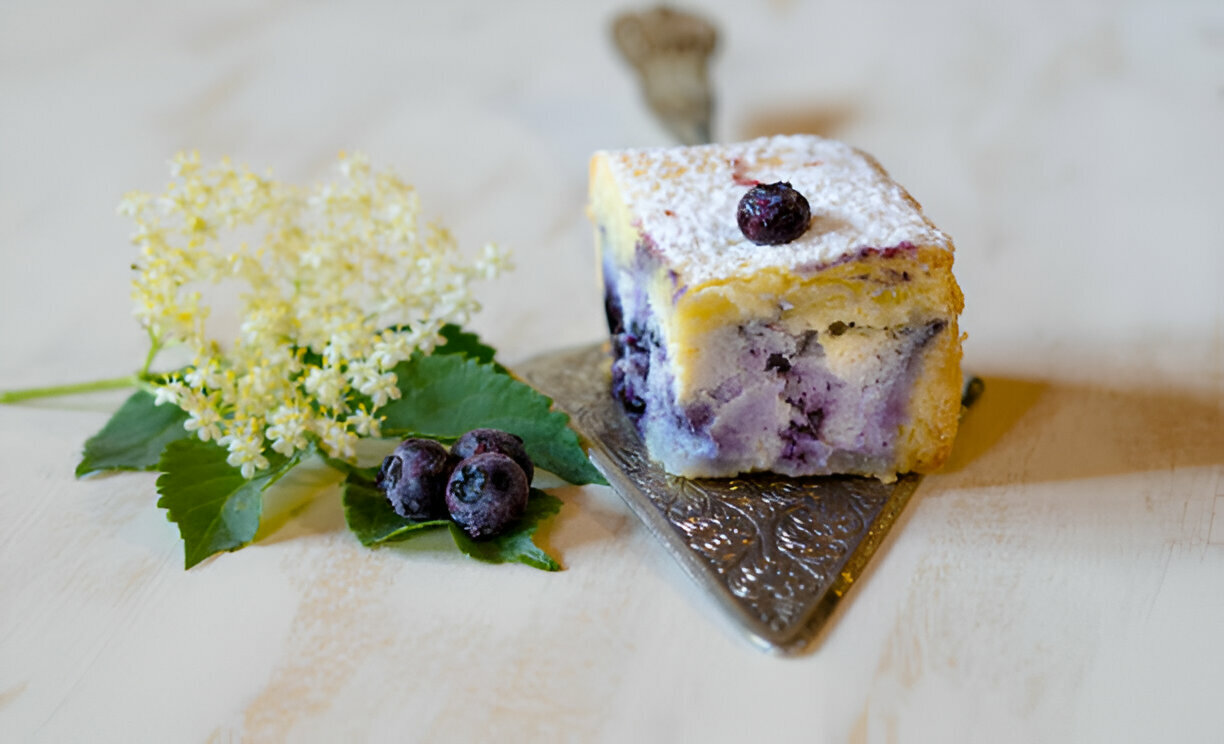 A slice of blueberry cake dusted with powdered sugar, served on a decorative silver plate, accompanied by fresh blueberries and a delicate flower.