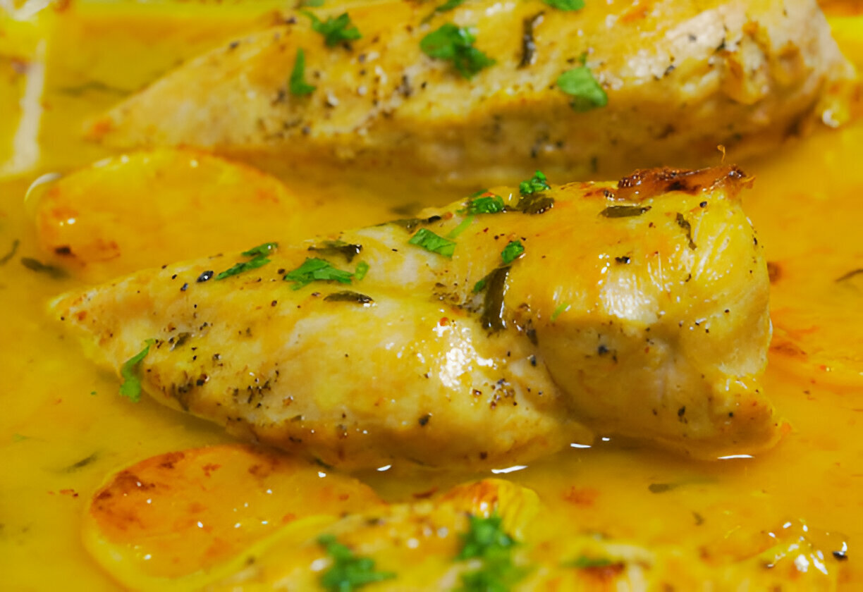 Close-up of cooked fish fillets in a yellow sauce, garnished with fresh herbs.