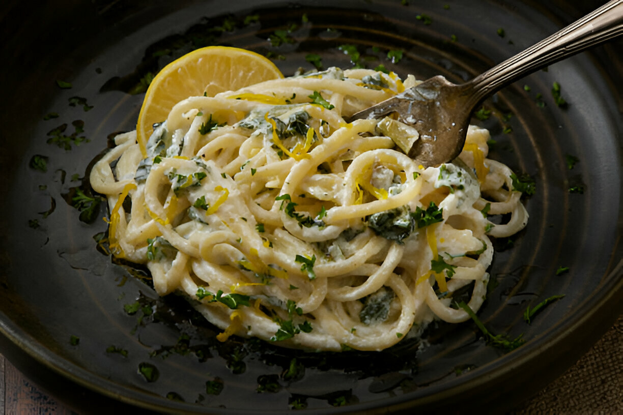 A plate of creamy pasta topped with lemon slices and fresh herbs.