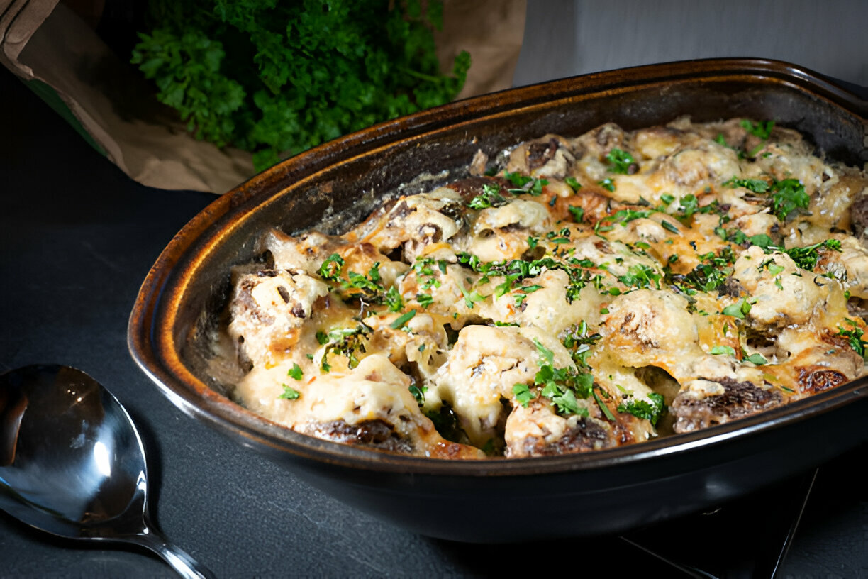 Baked dish topped with melted cheese and fresh herbs, served in a dark ceramic casserole dish.