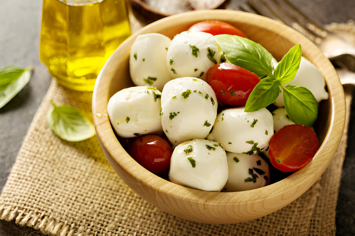 A wooden bowl filled with mozzarella balls, cherry tomatoes, and fresh basil leaves, accompanied by olive oil in the background.