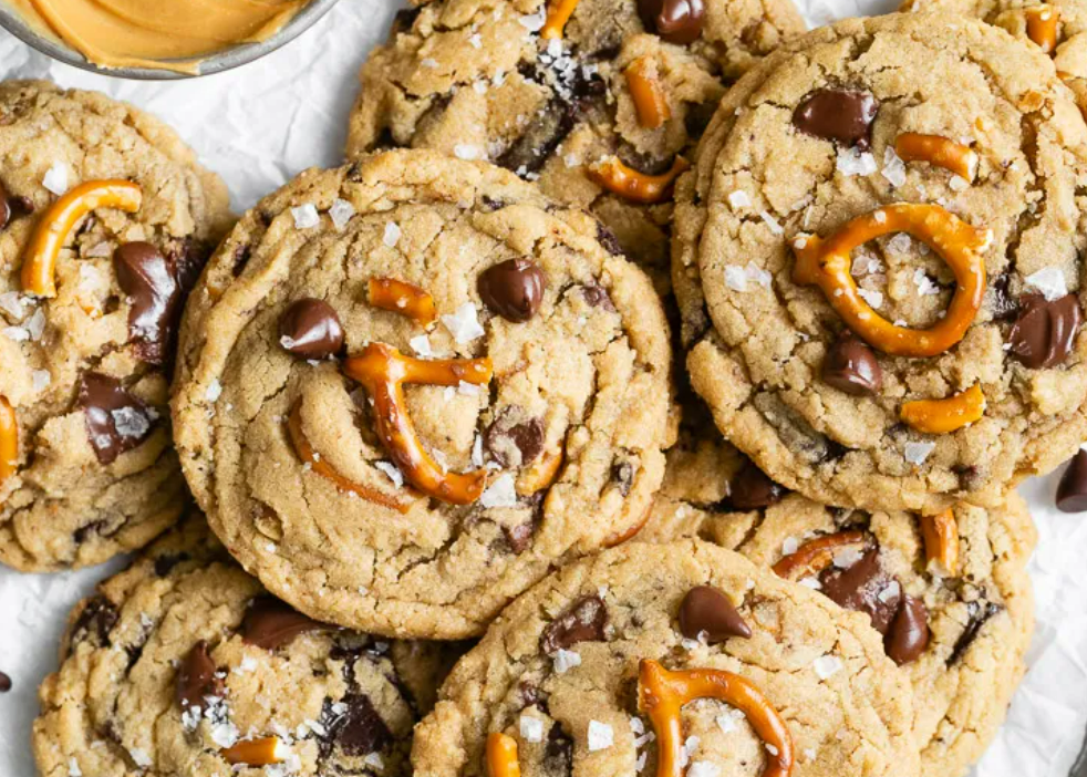 Delicious homemade cookies with chocolate chips and pretzels, topped with flaky sea salt.