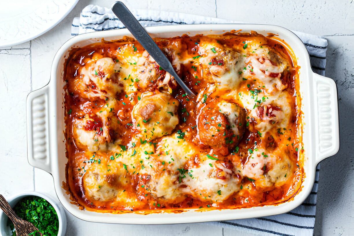 A delicious casserole dish filled with meatballs, covered in melted cheese and garnished with chopped parsley.